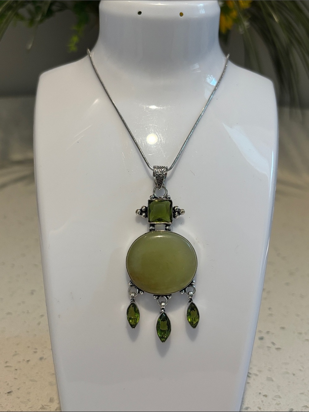 Sterling Silver Prehnite & Peridot Gemstone Pendant Necklace